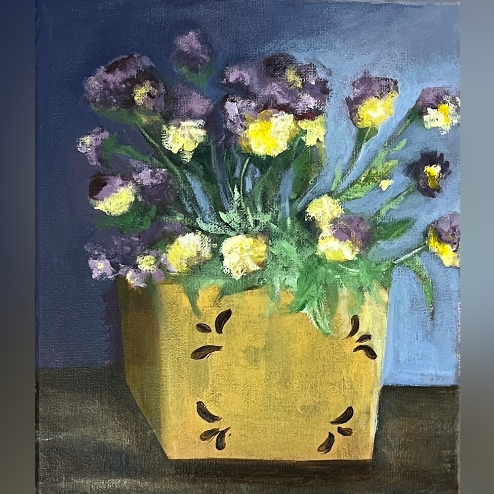 Original hand painted acrylic on canvas floral, flower, purple yellow
